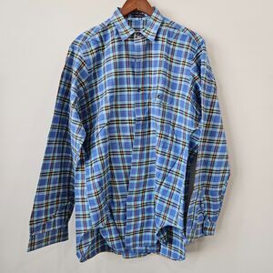 India Madras Plaid Mens Button Down Shirt Large Blue Black Country Preppy Casual